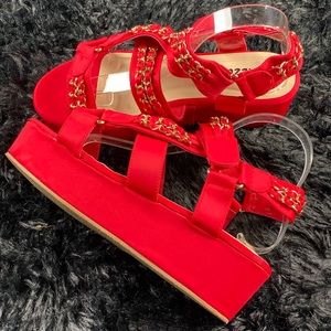 NEW| Red and Gold Low Strapped Wedge Sandals